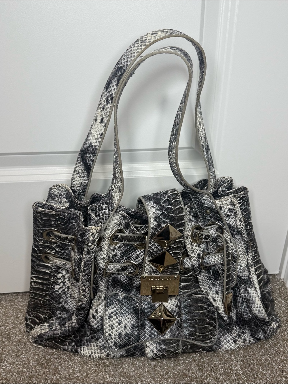 Jimmy Choo Black and White Snake-Print Shoulder Bag
